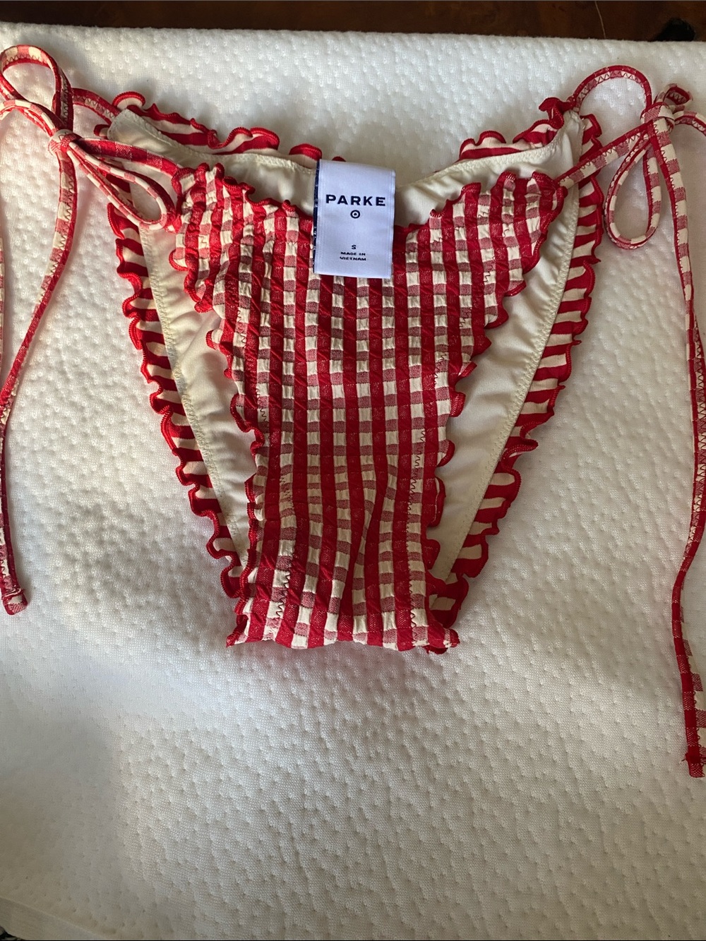 Parke Red Gingham Ruffle Tie-Side Bikini Bottom